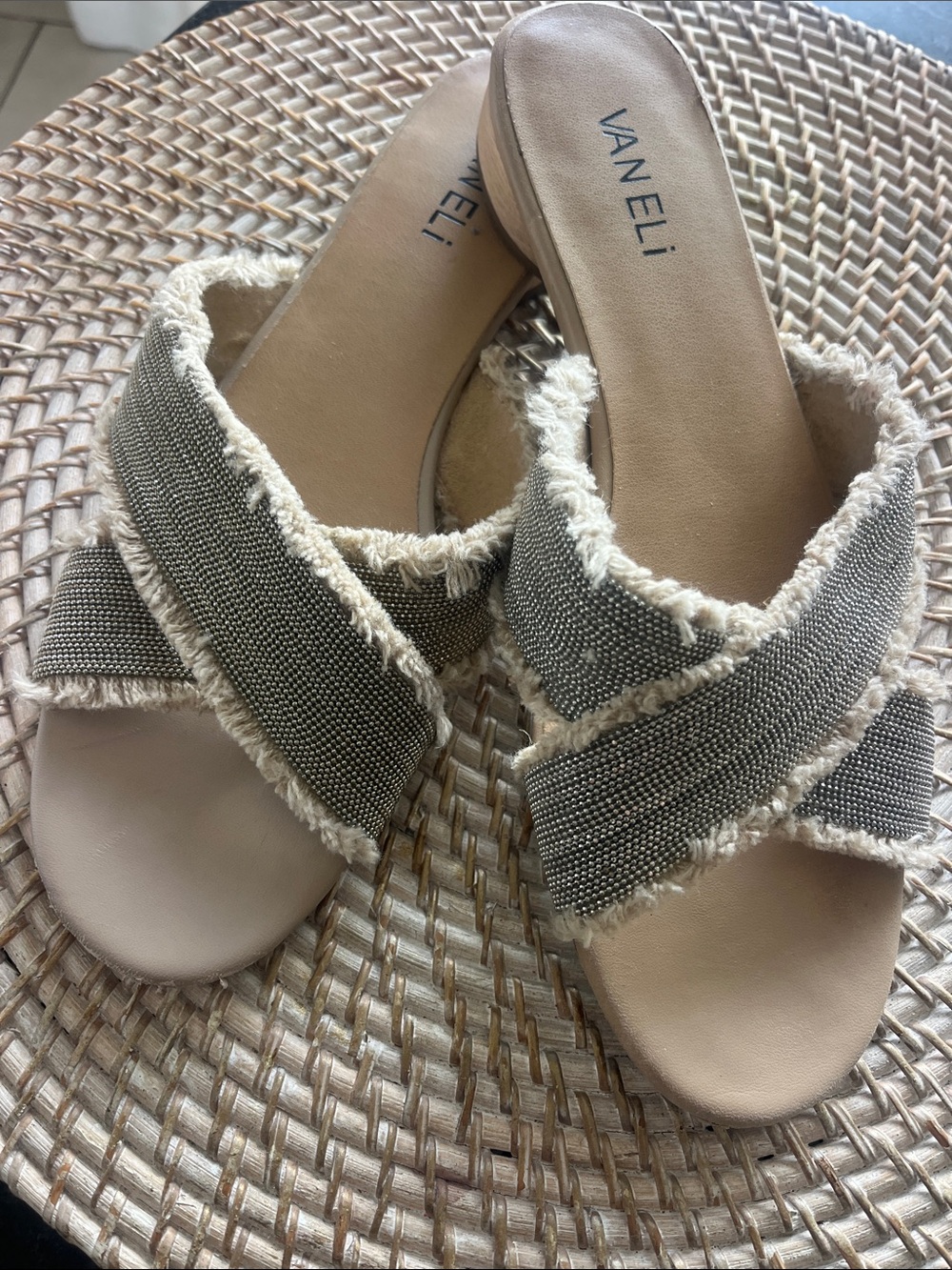 Vaneli Levya slide sandals criss cross straps with frayed fringe edges 8.5N